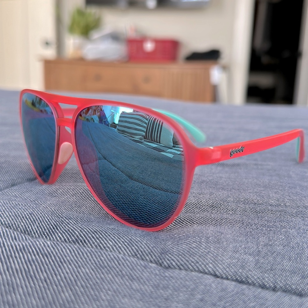 Goodr Mach G — Carl is My Co-Pilot Aviator Sunglasses, Blue/Pink